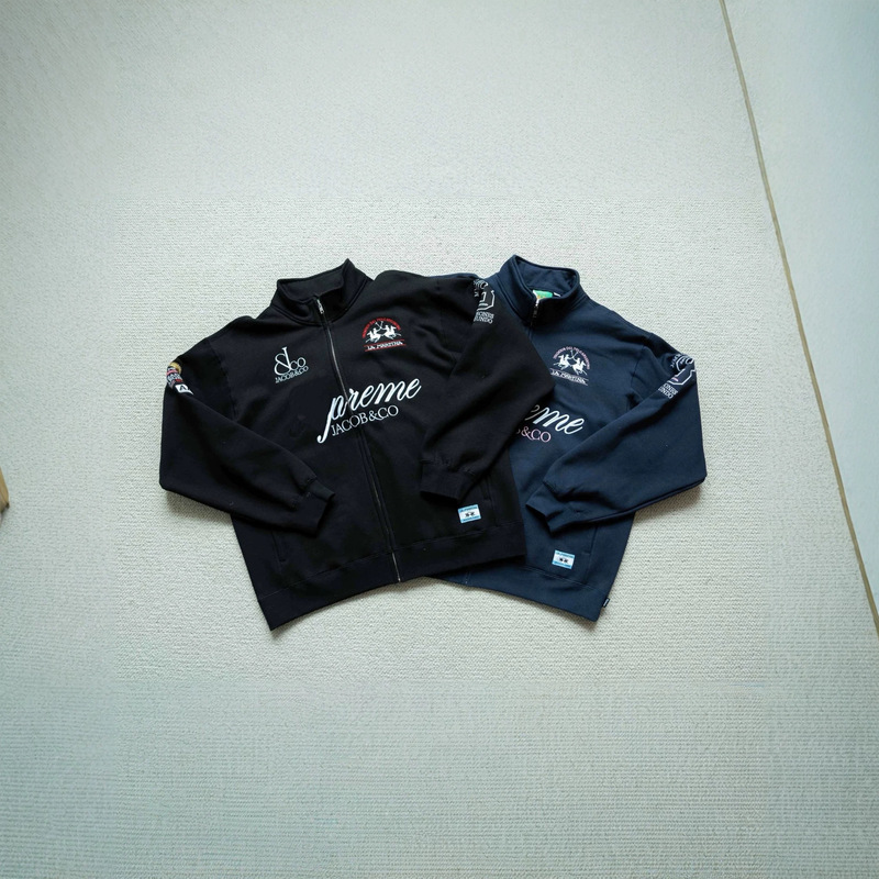 Cross-border Sup × La high-fashion commuter sweatshirt with embroidered badge design on the chest, zippered long sleeves, couple's style Cross-border Sup × La high-fashion commuter sweatshirt with embroidered badge design on the chest, zippered long sleeves, couple's style