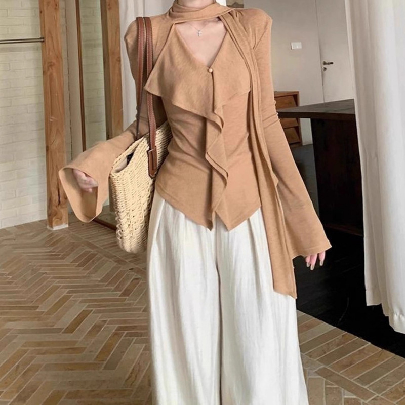 Relaxed Design Ribbon V Neck Long-Sleeved T-Shirt for Women 2025 Autum New Fashion Design Niche Top Trend
