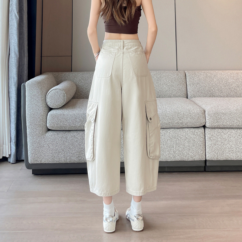 Blanco arroz de trabajo viento de bolsillo pantalones de piernas anchas para mujeres 2026 verano delgado pantalones de cuchillo en forma de pera pantalones