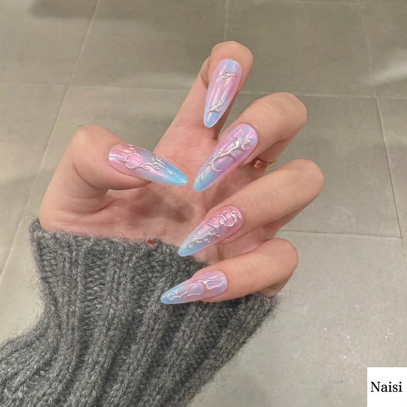 Blue and Pink Metallic Long Almond-Shaped Metallic Style Laser Aurora Three-Dimensional High-End Cat Eye Wearable Nail Stickers French Style
