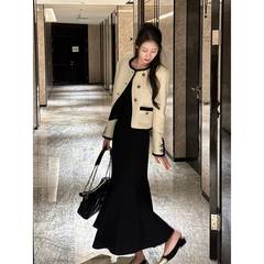 法式时尚套装裙女春秋新款气质名媛小香风长袖外套+连衣裙两件套