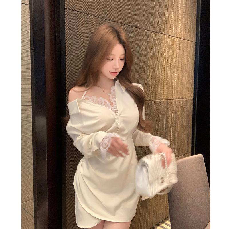 2026 Early Spring Lace Patchwork Off-Shoulder Long-Sleeve Shirt Dress for Women, Slim Fit, Waist-Cinching Short Dress, Pure Desire Style, Bodycon 2026 Early Spring Lace Patchwork Off-Shoulder Long-Sleeve Shirt Dress for Women, Slim Fit, Waist-Cinching Short Dress, Pure Desire Style, Bodycon
