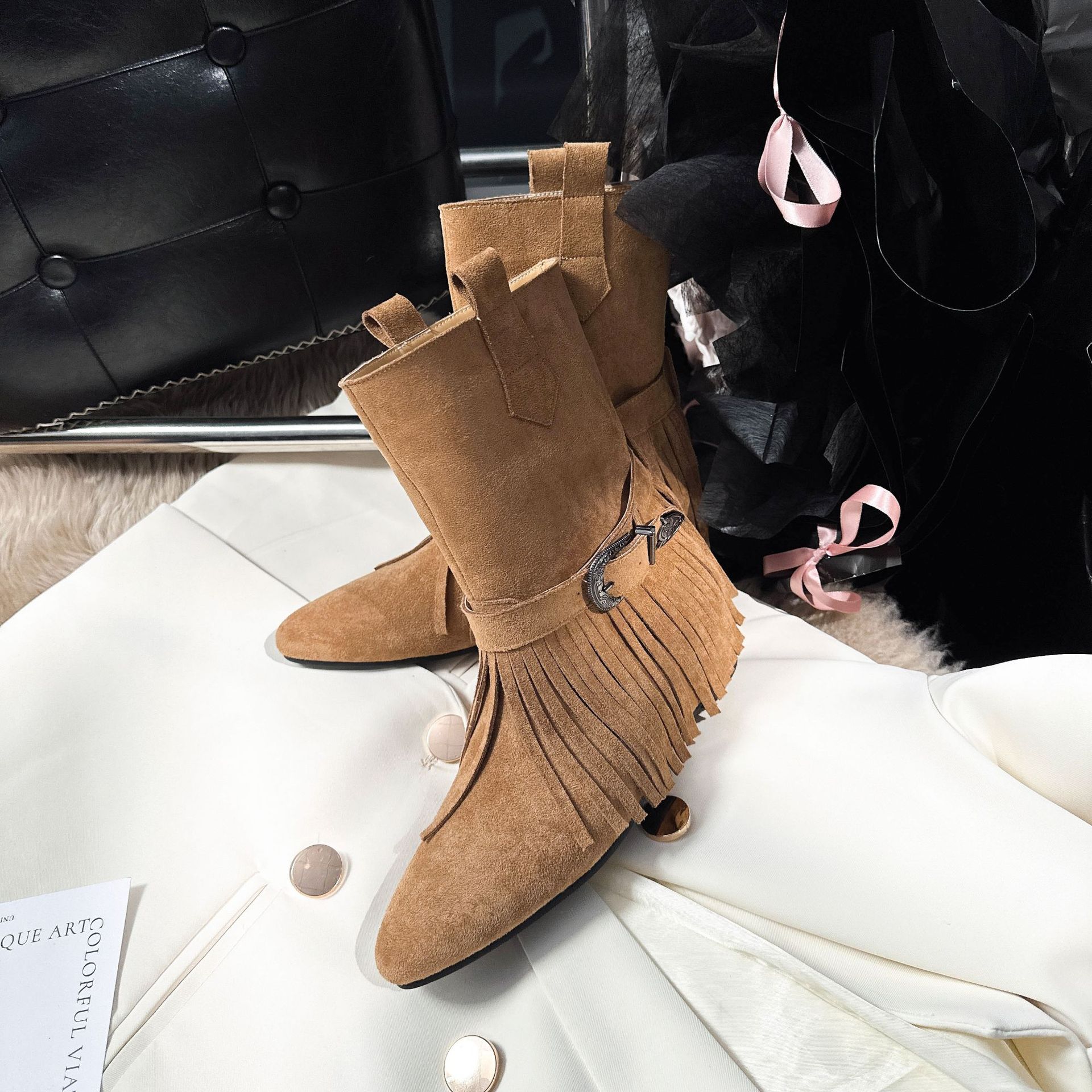 Botines Vaqueros para Mujer con Aumento de 5 cm, Terciopelo, Antideslizante, para Otoño e Invierno