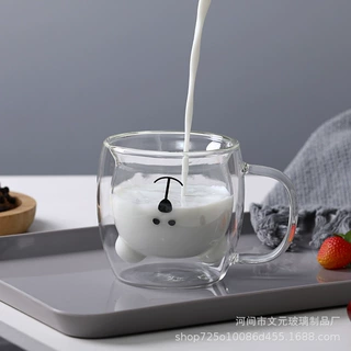 跨境珍珠棉带把隔热防烫双层杯玻璃果汁牛奶咖啡杯动物卡通小熊杯