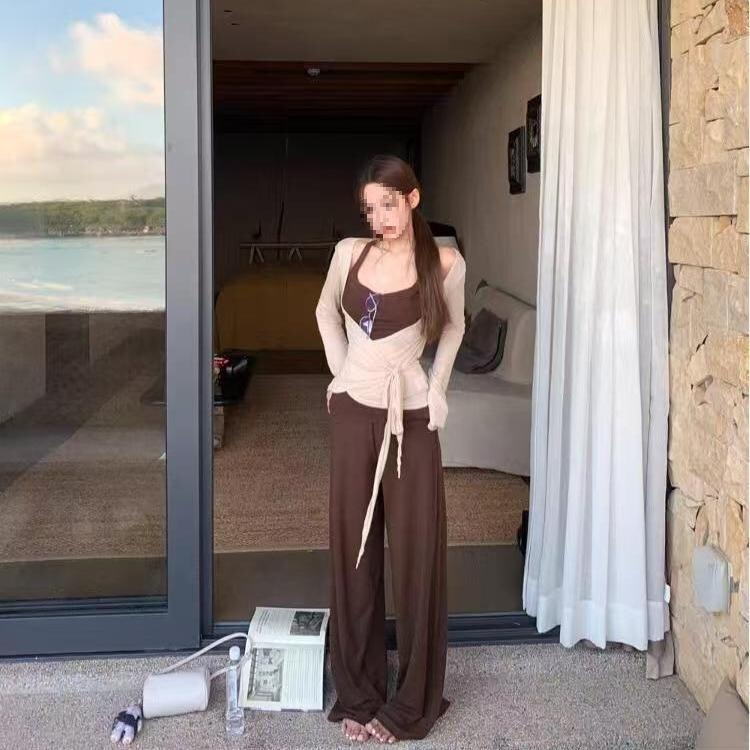 韩系辣妹秋季新款挂脖吊带长袖交叉上衣休闲裤绑带开衫套装三件套|undefined