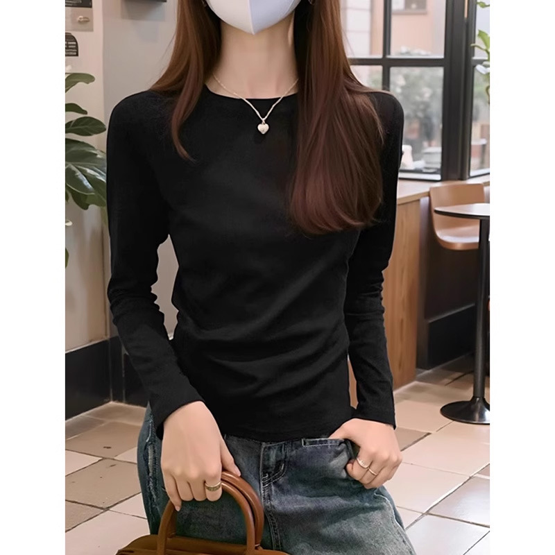 深灰色早秋内搭打底衫长袖T恤女秋季可外穿修身显瘦正肩圆领上衣|undefined