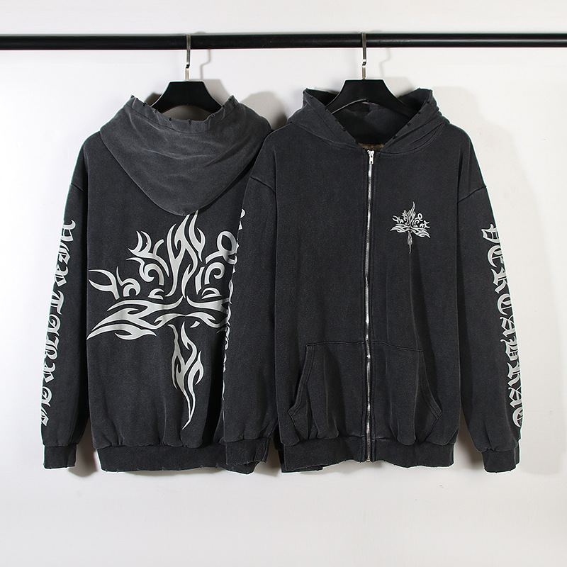 Kanye à la mode pur coton lavé vieux motif d'eau sweat à capuche et pull manteau_voghion.com