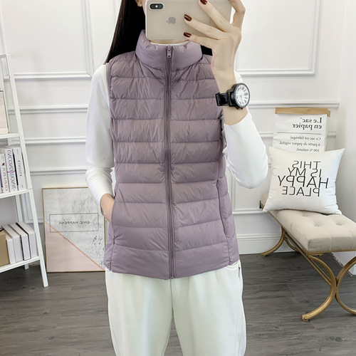 Winter and Autumn Outdoor Down Vest Women's Short Sleeve Stand Collar Slim Light Warm White Duck Down No Filling Vest 
