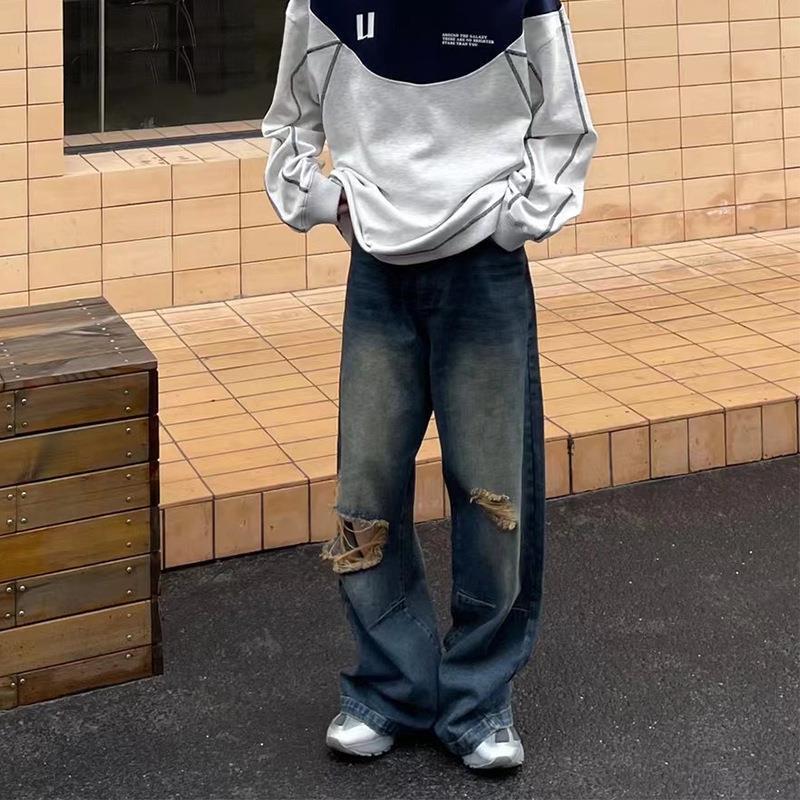 2023 New American Style High Street Dressed Old Knee Ripped Jeans Men's Summer Retro Loose Wide Leg Dragging