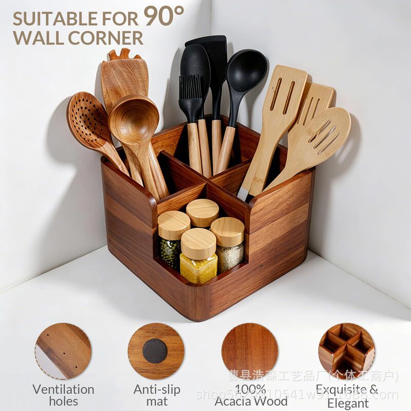 Wooden Desktop Storage Box with Compartments, Kitchen Countertop Corner Utensil Storage and Organization Box, Seasoning Storage