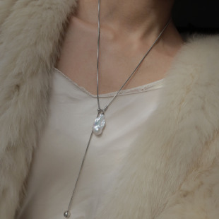 Natural Fishtail Baroque Sweater Chain S925 Sterling Silver Natural Pearl Necklace Sweater Line Adjustable Niche Design
