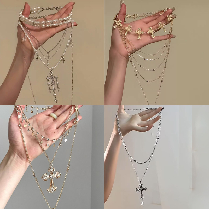 French Retro Multi-Layer Cross Tassel Necklace Palace Style Fashion Versatile Clavicle Chain Sweet Cool Sexy Necklace for Women