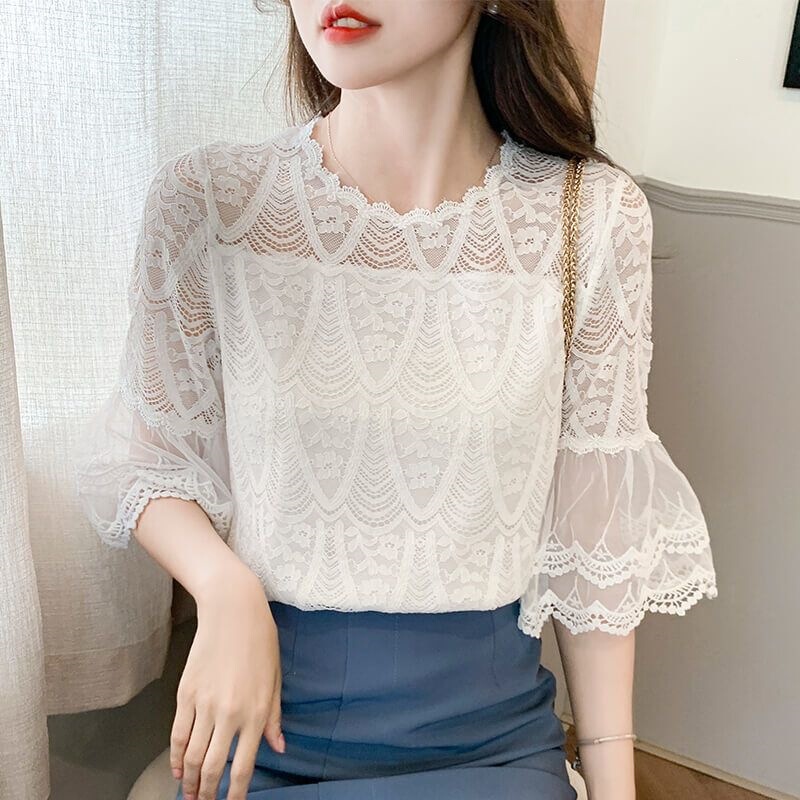 High-End Lace Blouse for Women, 2026 Summer New Style, Fairy-Like Design, Niche Chiffon Shirt High-End Lace Blouse for Women, 2026 Summer New Style, Fairy-Like Design, Niche Chiffon Shirt
