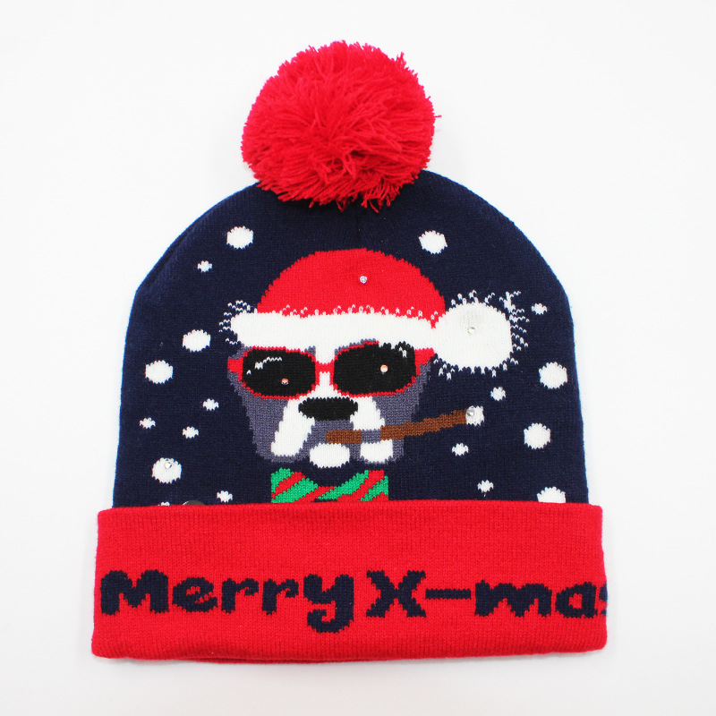 Fabricante transfronterizo de gorros navideños europeos y americanos tejidos en jacquard, gorros navideños de lana con luces LED, gorros navideños con pompón y bufandas. image 8
