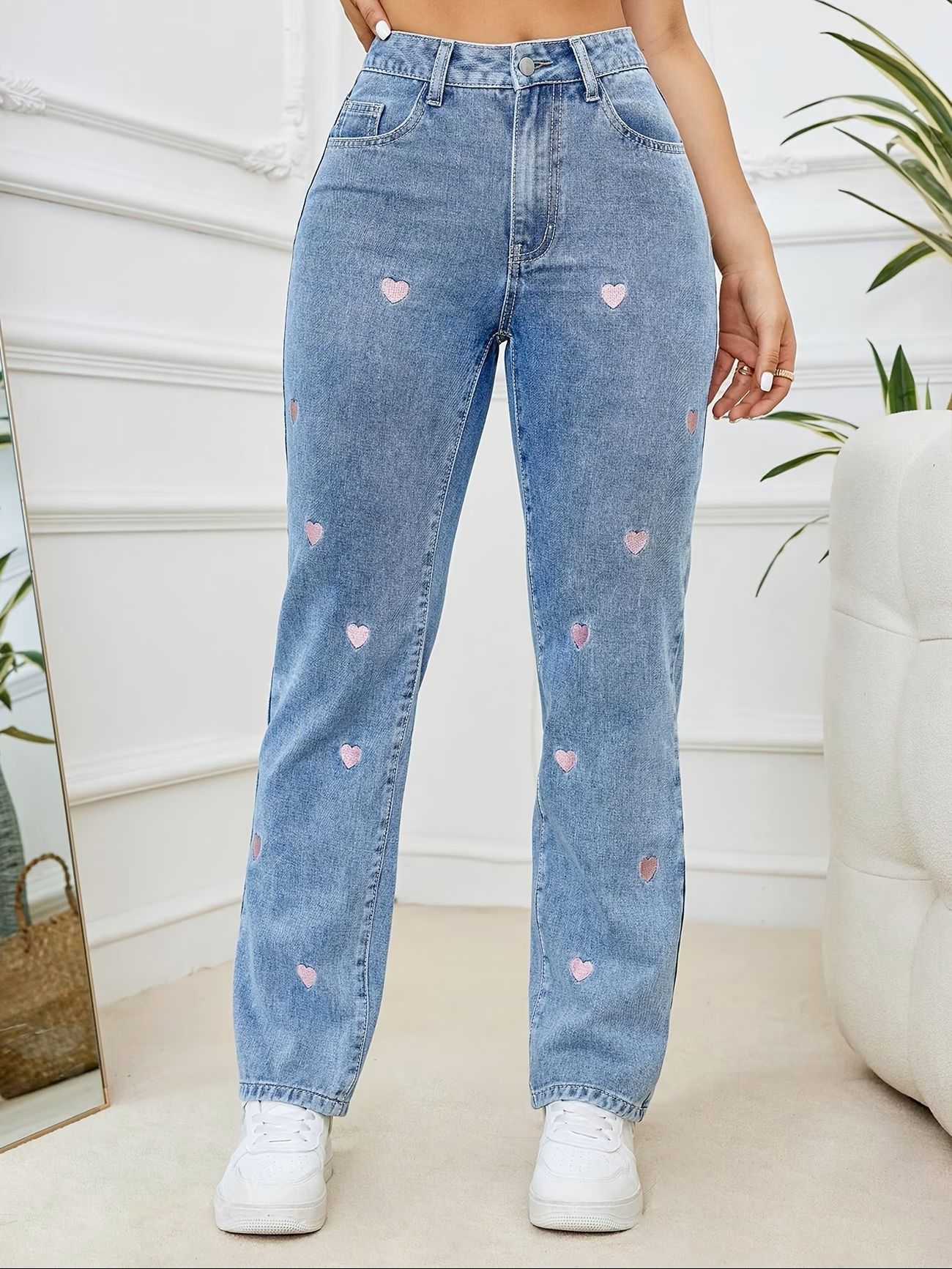 Jeans Rectos para Mujer en Mezclilla de Algodón, Elástico, Cintura Alta, Bordado, para Uso Casual image 6