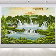 聚宝盆山水画瀑布流水生财客厅招财装饰画中式卧室沙发墙壁画自粘