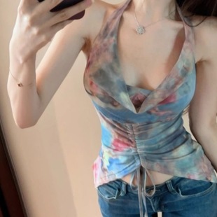 Summer Hot Girl Design Tie-Dye Halterneck Drawstring Small Suspender Women's Inner Wear Sleeveless Slim Short Vest Top