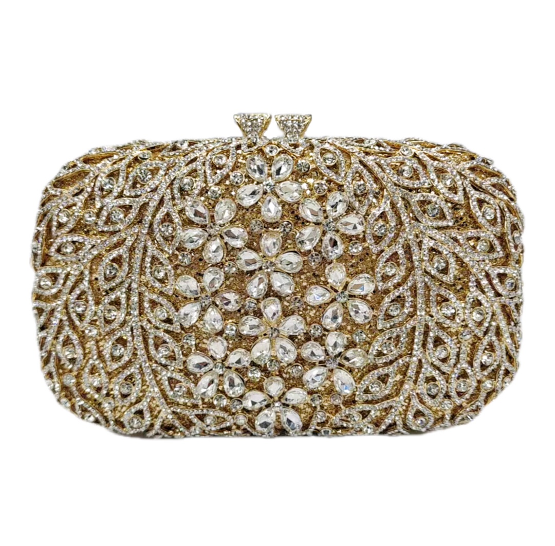 Túi clutch nữ đính đá dạ hội hộp cứng kim loại rỗng — Màu vàng, Màu bạc chi tiết 1