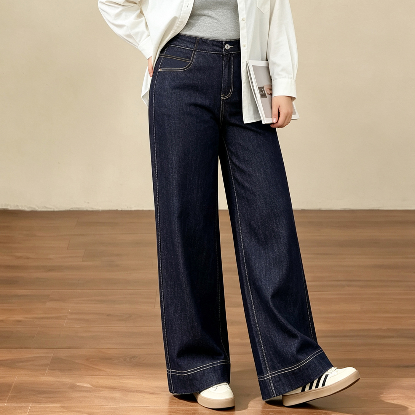 Plus-size women's autumn wide-leg faux jeans 2026 new style for plus-size women, loose denim blue straight pants, high-waisted long pants