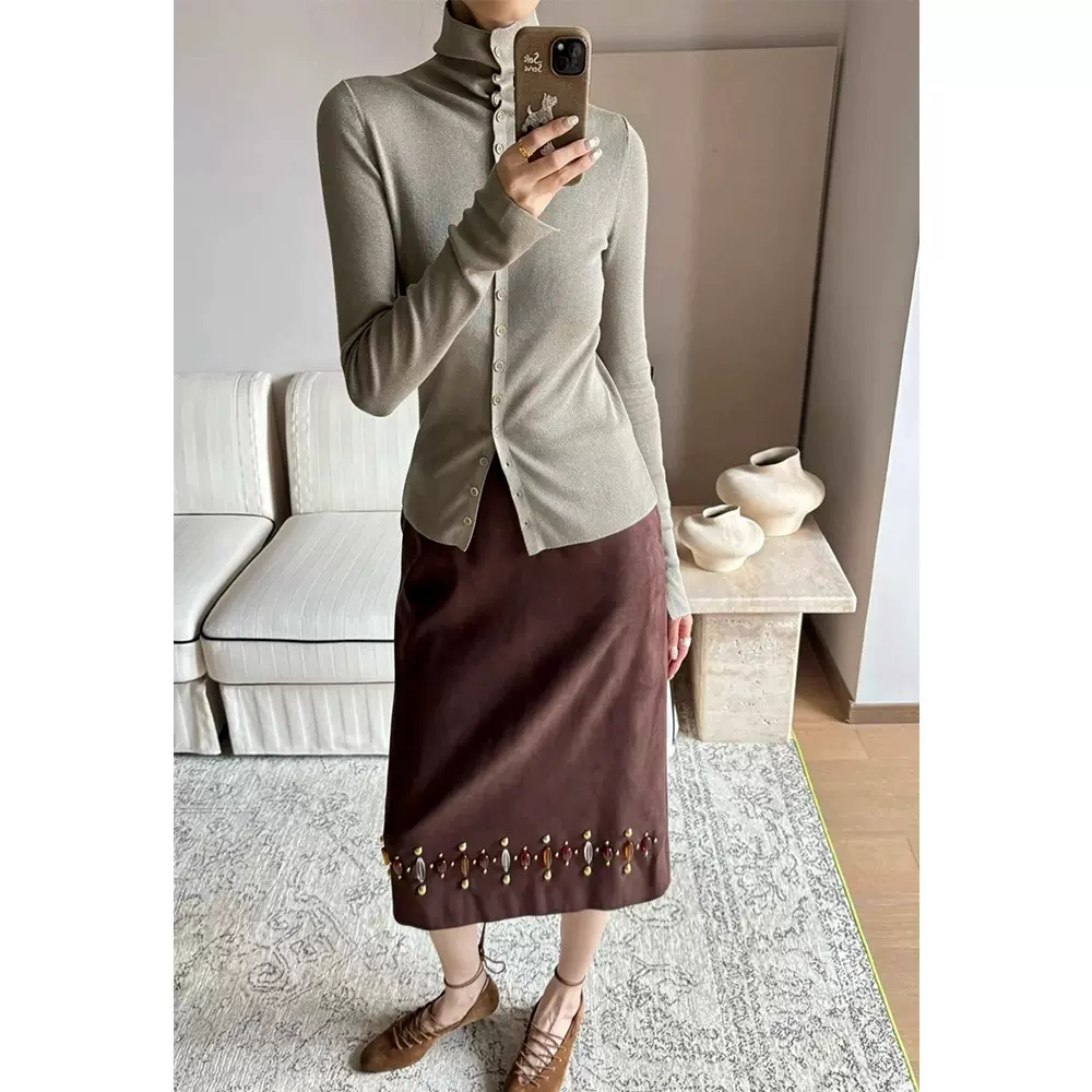 四媛设计感纯手工钉珠宝石装饰麂皮绒半身裙秋冬法式复古半裙1013