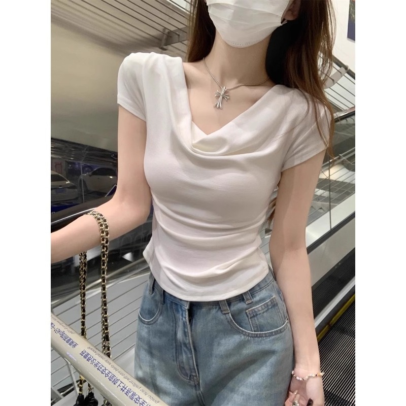 ユニークなワンショルダートップ 2025 夏ニッチスラントカラーオフショルダー半袖レディースフレンチスタイル Tシャツボトリングシャツ|undefined