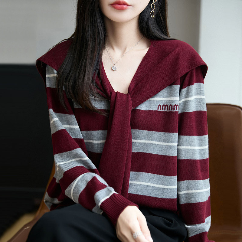 春秋季2025年新款条纹披肩针织开衫女V 领宽松短款毛衣上衣外搭潮|undefined