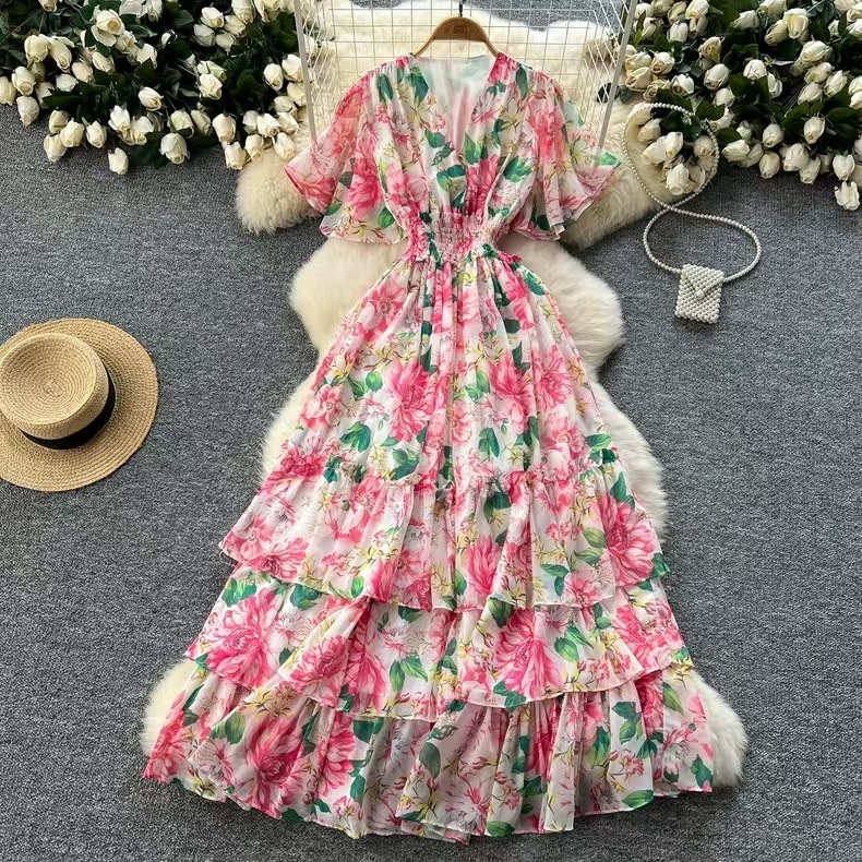 Floral Maxi Dress – High Waist Chiffon A-Line Dress With Ruffled Sleeves (One Size, V-Neck, Elegant Occasion Wear)_ecoleips.com
