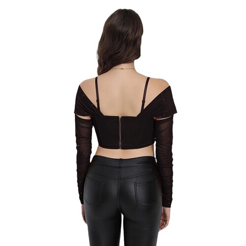 Cross-border 2024 Western and Eastern Winter New Shiny Mesh One-shoulder Strap Fashion Sexy Long-Sleeve Backless Top for Women