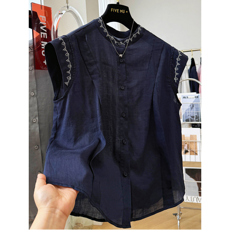 女性用のハイエンドでユニークで美しいノースリーブシャツ、ヘビーウェイトの刺繍入りアウターベスト、ラミー素材の気質シャツ|undefined