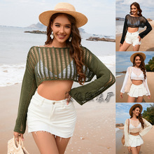 2024春夏跨境夏季亚马逊新款欧美女喇叭袖宽松圆领镂空女式针织衫