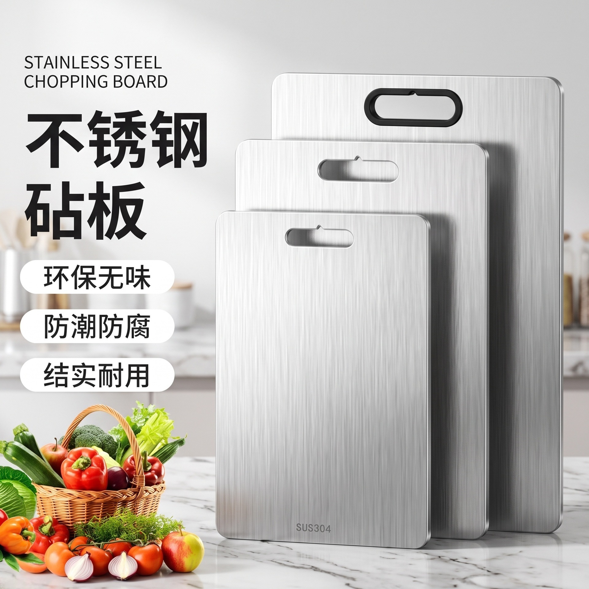 Our store's signature product: food-grade stainless steel cutting board, wall-mounted, with sharp-edged holes, thickened, antibacterial, and mold-resistant, double-sided cutting board, in stock