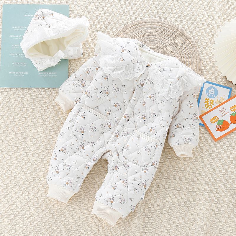 Vestido de una pieza para bebé de estilo occidental, engrosado y cálido, traje de escalada para niñas de otoño e invierno, mameluco floral recién nacido más terciopelo con capucha