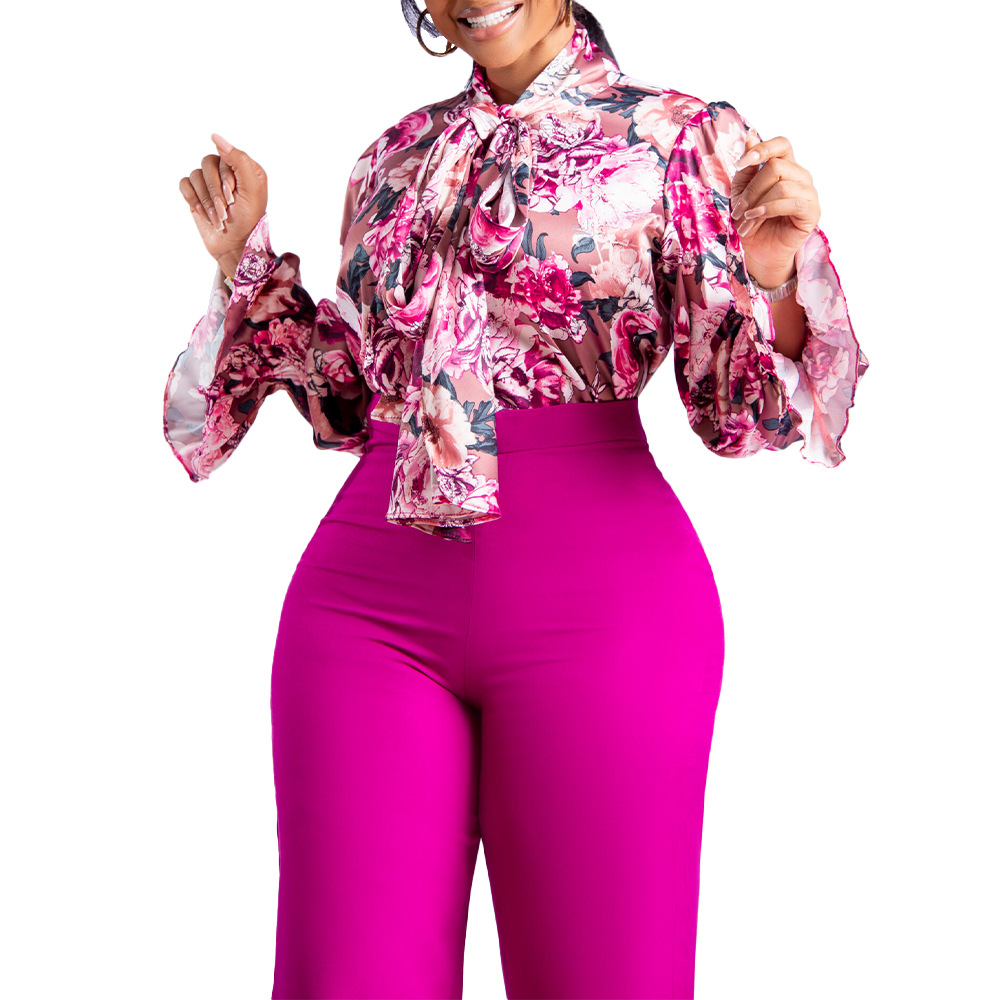 camicie a maniche lunghe stampate casual di grandi dimensioni e pantaloni a gamba larga set due pezzi transfrontalieri_voghion.com