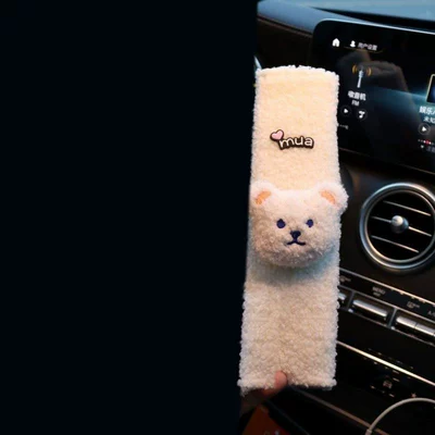 Personalized Car Extended Safety Belt – Seat belt shoulder pad - lambskin-white-shoulder-pads-rice-bear-head-mua
