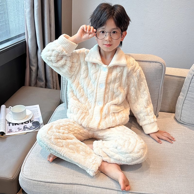 (2개) 어린이 의류 소년 잠옷 홈 의류 산호 양털 세트 가을과 겨울 기모 두꺼운 소년 속옷 큰 어린이를위한 따뜻한