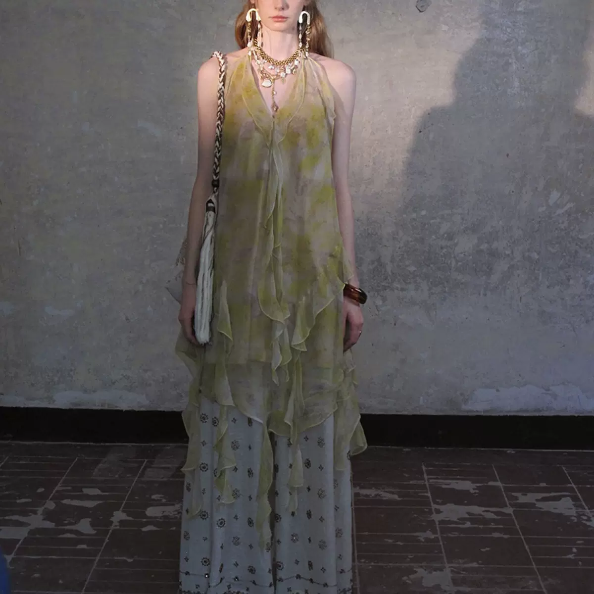 现货日落下的柠檬树 春夏新款波西米亚风荷叶边连衣裙V领度假长裙