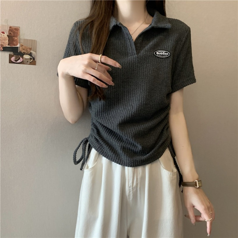 Large size American front shoulder polo neck short sleeved t-shirt for women 2024 new summer chubby mm top design_voghion.com