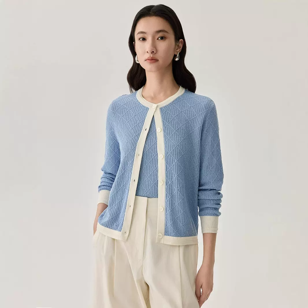 严选春季真丝圆领长袖针织开衫外套桑蚕丝时尚百搭开衫上衣批发