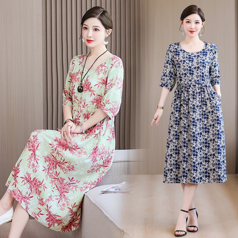 2026 Summer Fashion New Dress Artificial Cotton Silk Drawstring Round Neck Floral Print Outer Wear Waist-Cinching Mid-Length Skirt for Women