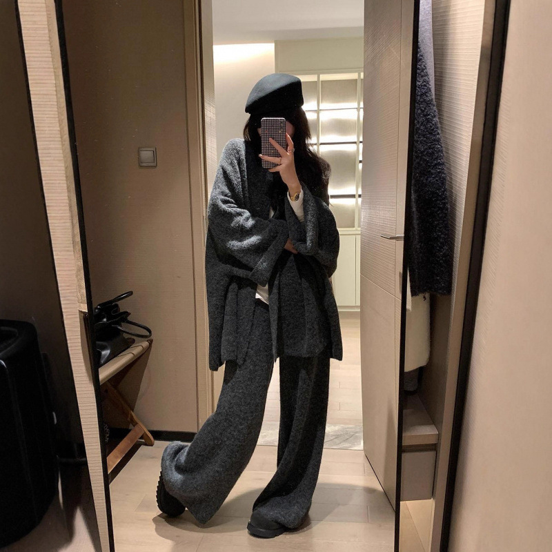 蝙蝠袖针织开衫套装女秋冬新款宽松慵懒风松弛感休闲阔腿裤两件套|undefined