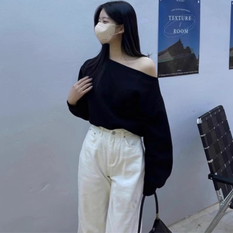 韩国chic秋季法式小心机斜领不规则露肩设计感宽松百搭长袖卫衣女|undefined