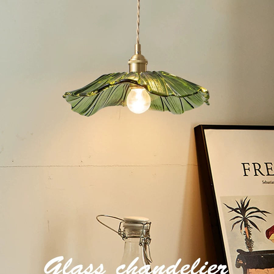 北欧简约日式复古餐厅玄关阳台飘窗过道荷叶造型全铜玻璃吊灯灯具