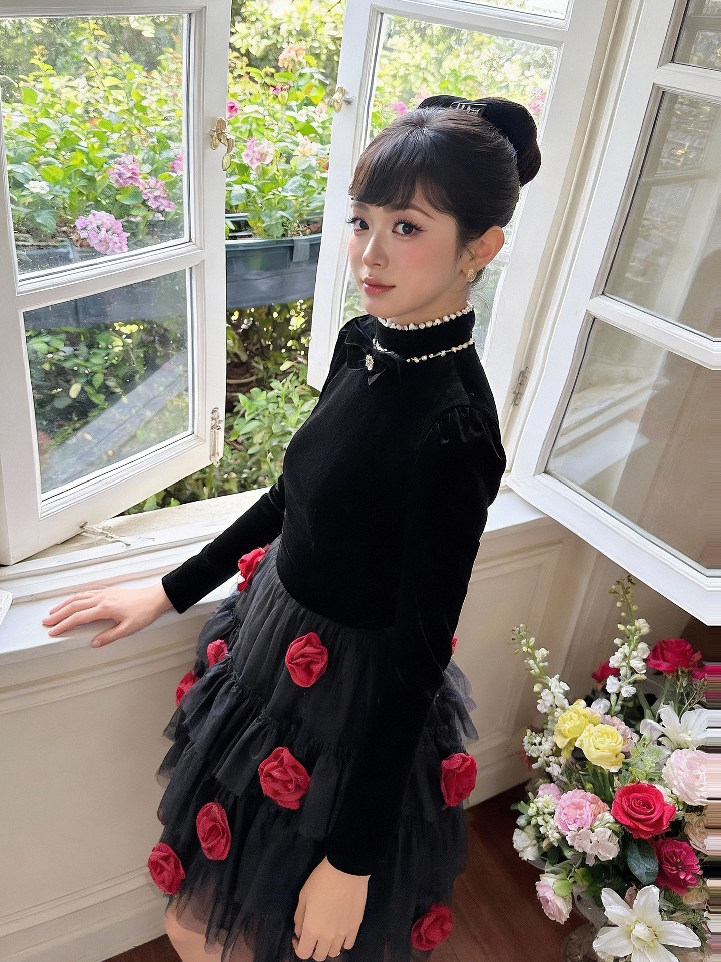 Đầm suông midi cổ tròn thắt eo ren hoa lưới xòe bồng — đen
