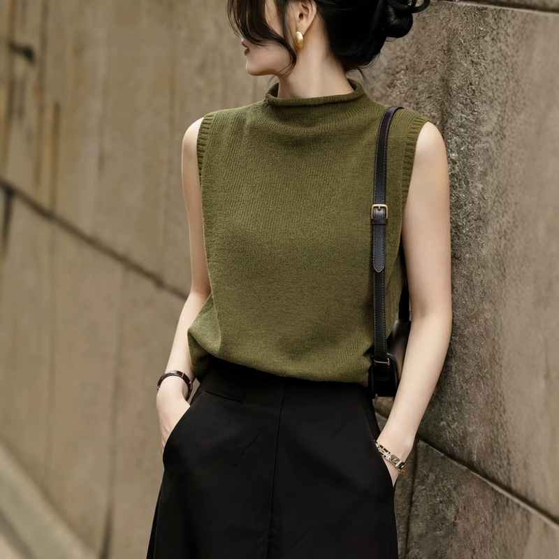 Beautifully Designed 2026 New Women's Summer Olive Green Knitted Half-High Collar Sleeveless T-Shirt Loose Slimming Top Beautifully Designed 2026 New Women's Summer Olive Green Knitted Half-High Collar Sleeveless T-Shirt Loose Slimming Top
