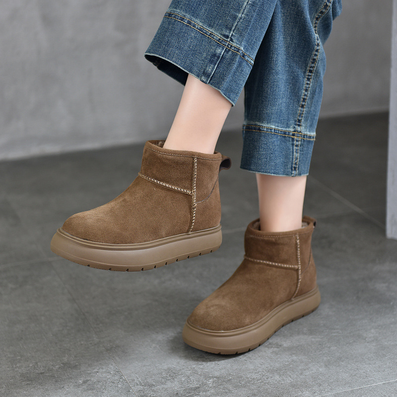여성용 천연 가죽 스노우 부츠, 두꺼운 밑창, 로우탑 따뜻한 면화, 겨울 신상 두꺼운 면 부츠, 소가죽 숏부츠