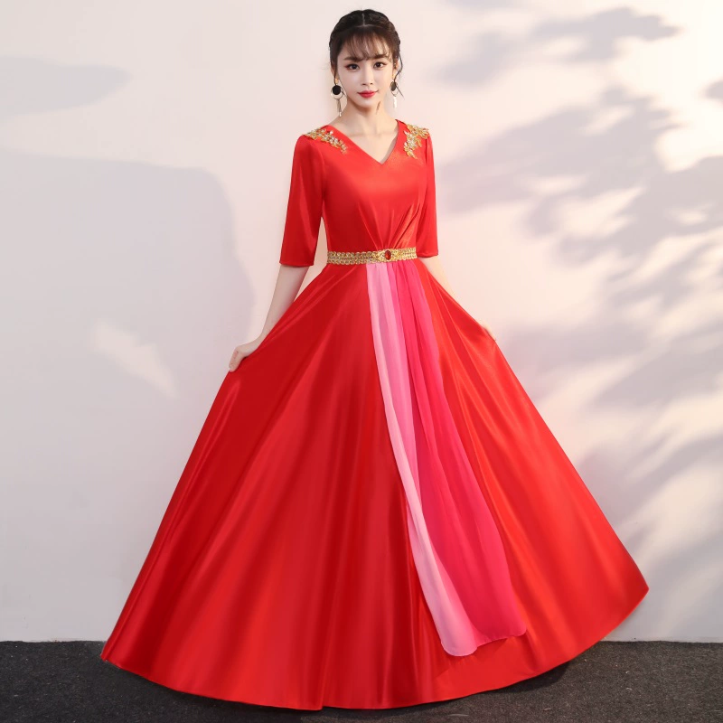 枫彩 Ruker Bear Chorus Performing Girls Long Skirt New Host Dress Red Song Solo Choir Performance
