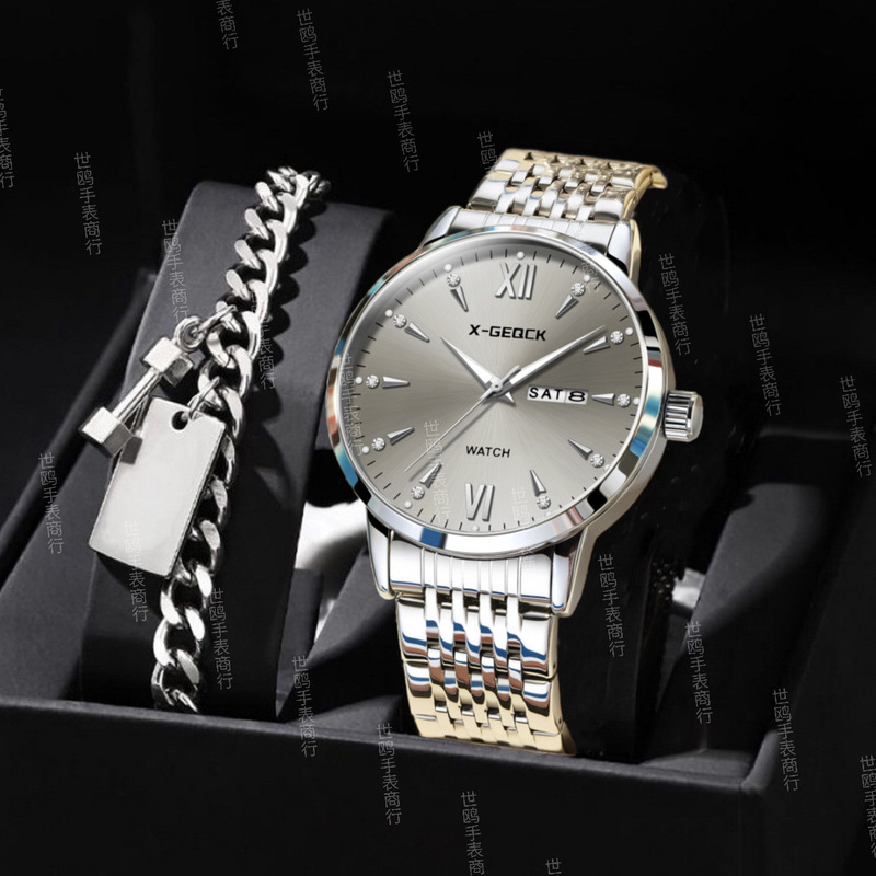 Cross-Border Swiss Men's Watch Luminous Dual Calendar Fully Automatic Luminous Waterproof Fashion Business Steel Band Quartz Watch Cross-Border Swiss Men's Watch Luminous Dual Calendar Fully Automatic Luminous Waterproof Fashion Business Steel Band Quartz Watch
