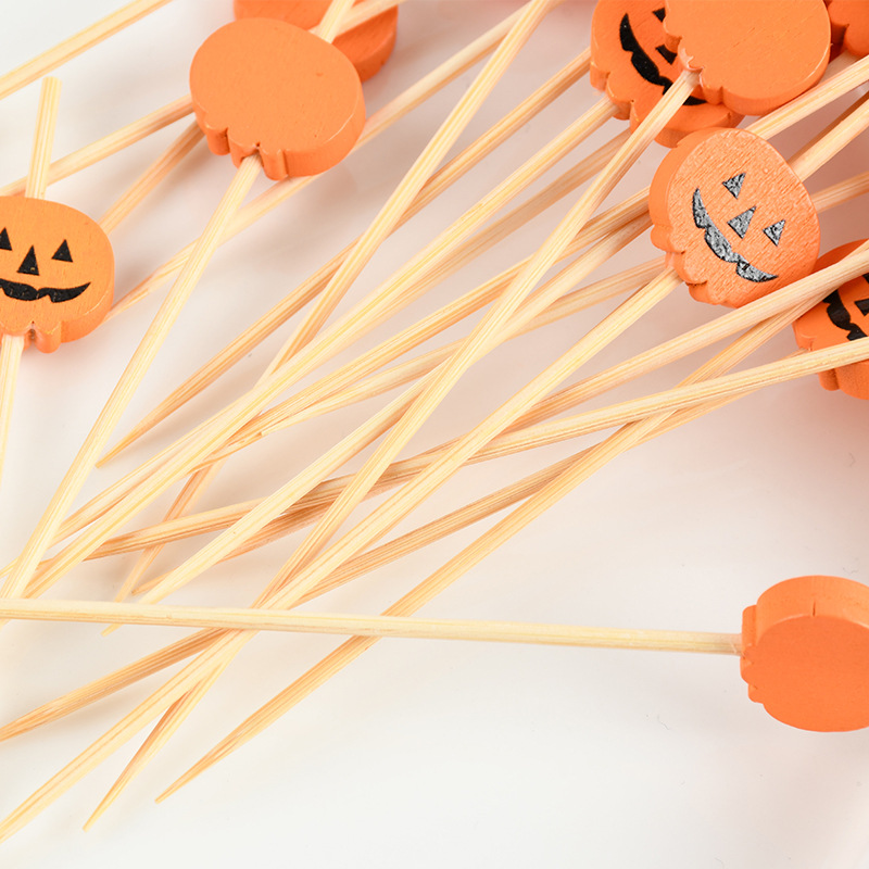 Halloween una vez horquilla de frutas palillos de dientes de dibujos animados calabaza snack stick stick de frutas string stick de bambú stick de bambú ecológico