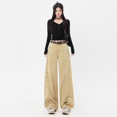 オレンジシルクの婦人服 # アメリカンレトロプリーツワイドレッグシミターパンツ夏の新しいライトカーキハイウエストスリムジーンズ