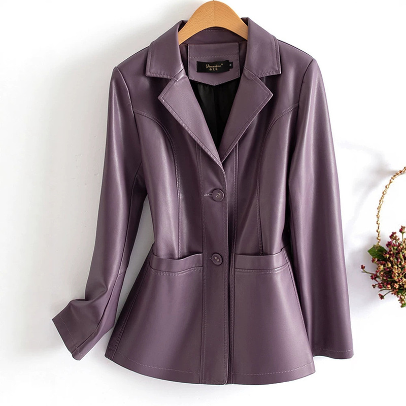 Brand Versatile Suit Collar Mid-Length Leather Jacket for Women, Fashionable Waist-Cinching, Elegant and Age-Reducing Biker Leather Coat